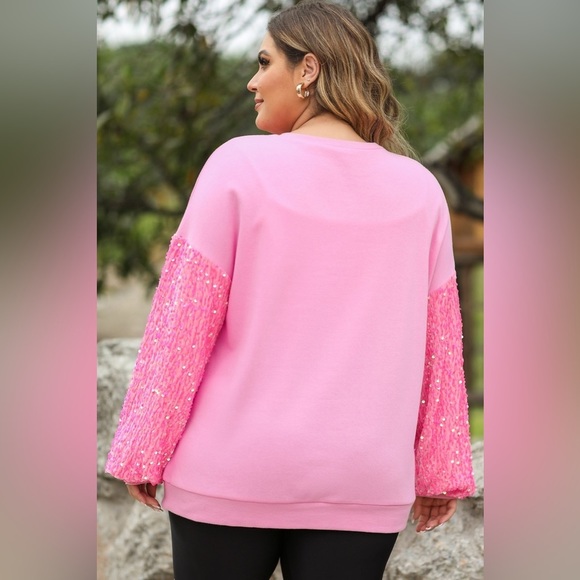 Carnation Pink Plus Size LOVE Sequin Round Neck Sweatshirt - Picture 2 of 3